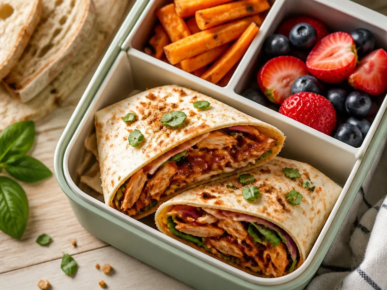 BBQ pulled chicken wrap with shredded red cabbage sliced open