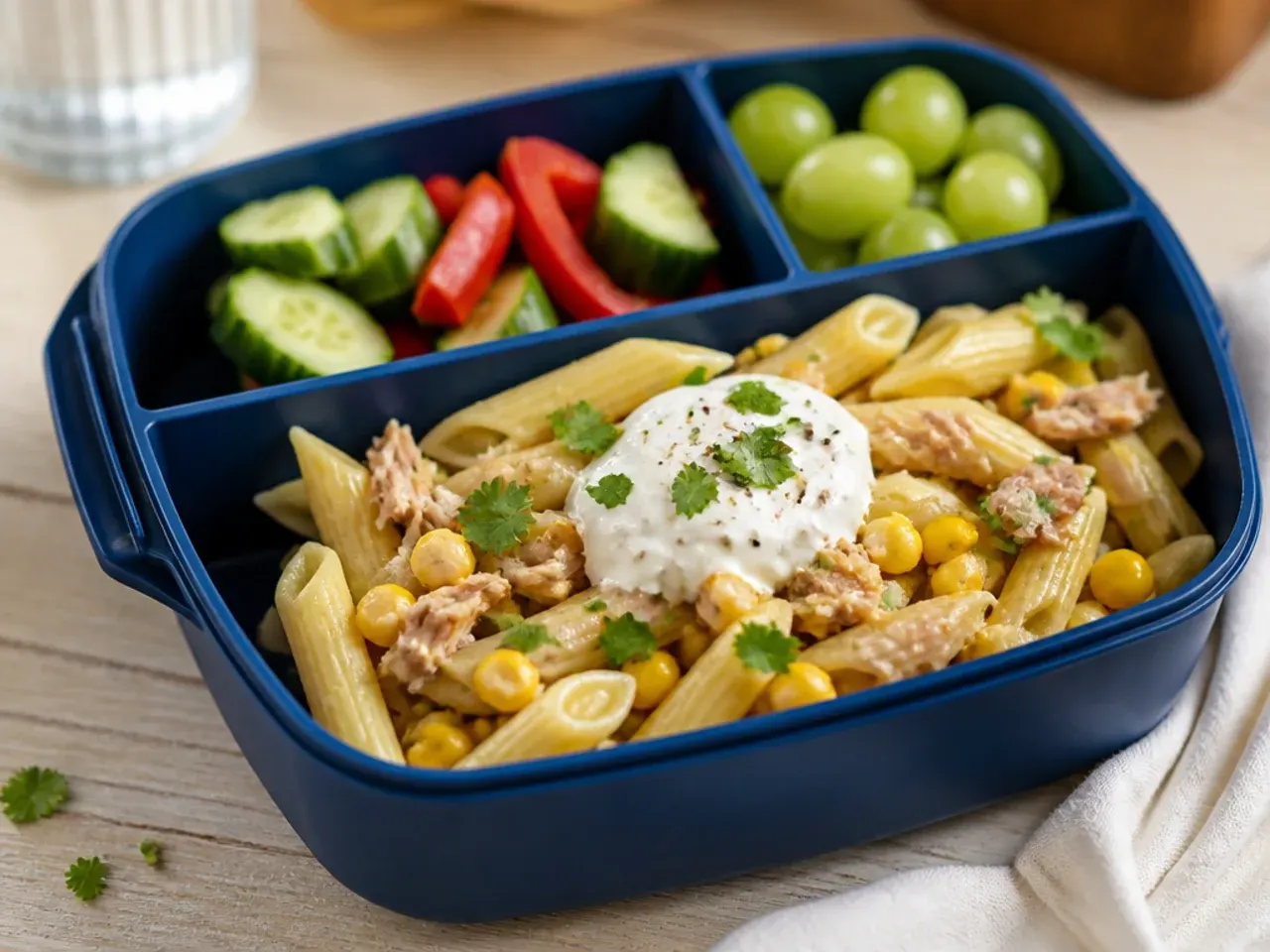 Tuna and sweetcorn pasta pot with a fork resting on the side