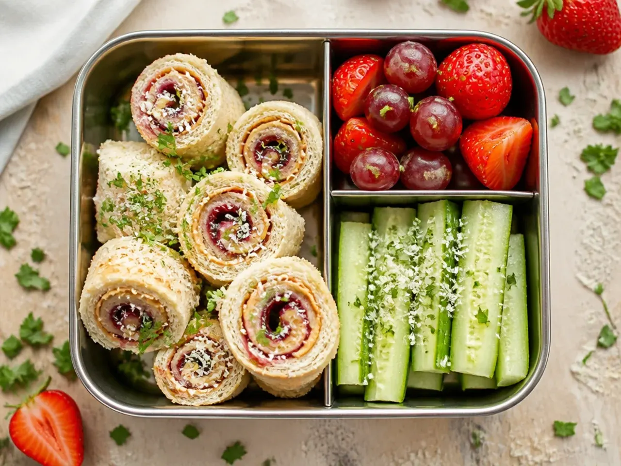 Peanut butter and jam tortilla roll-ups sliced into pinwheels
