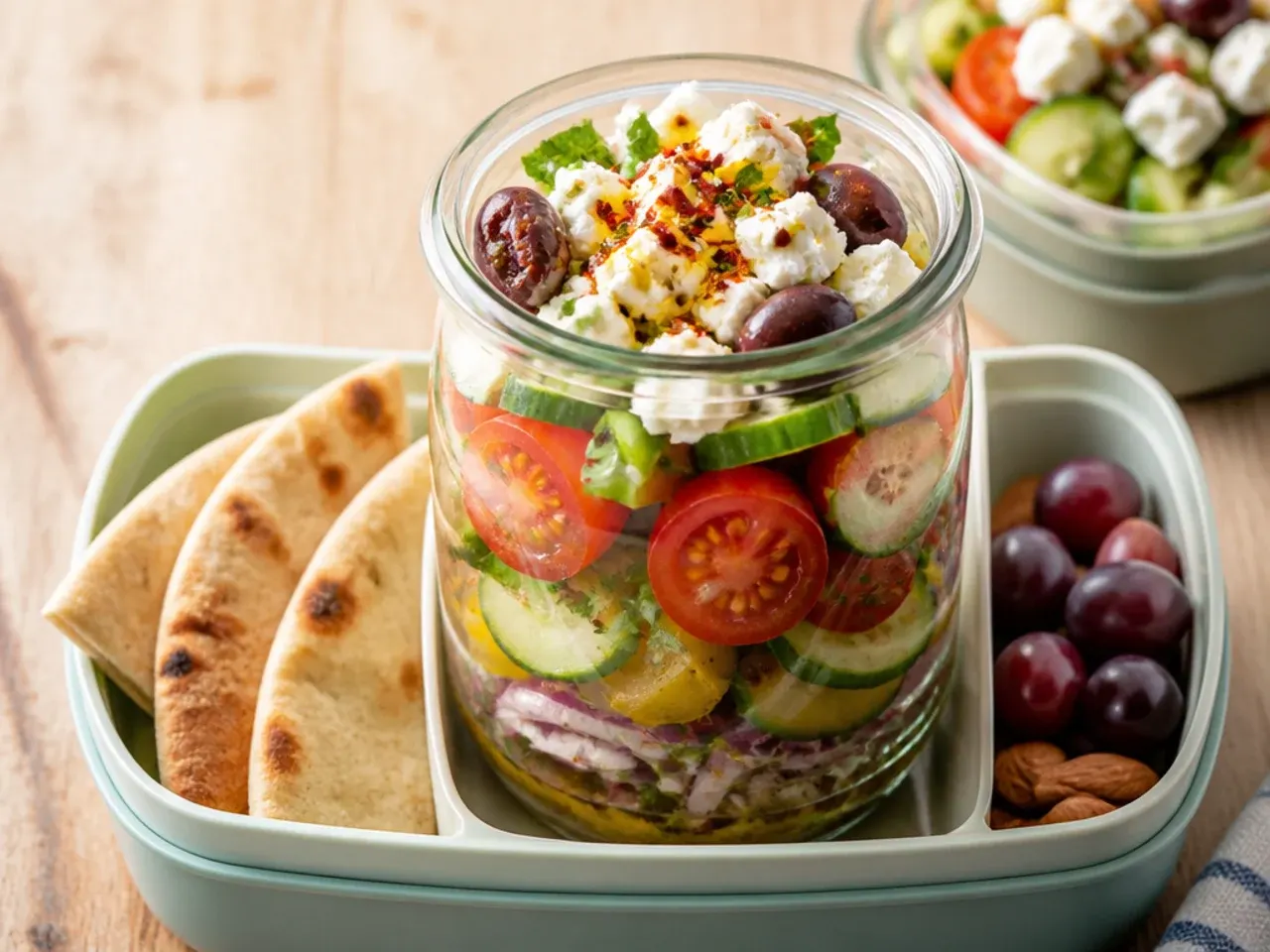 Layered Greek salad in a mason jar with feta and olives visible at the top