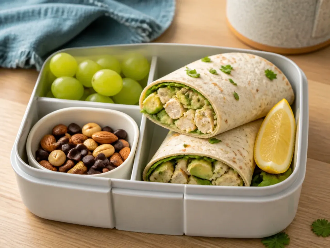 Creamy avocado chicken salad wrap sliced in half on a chopping board