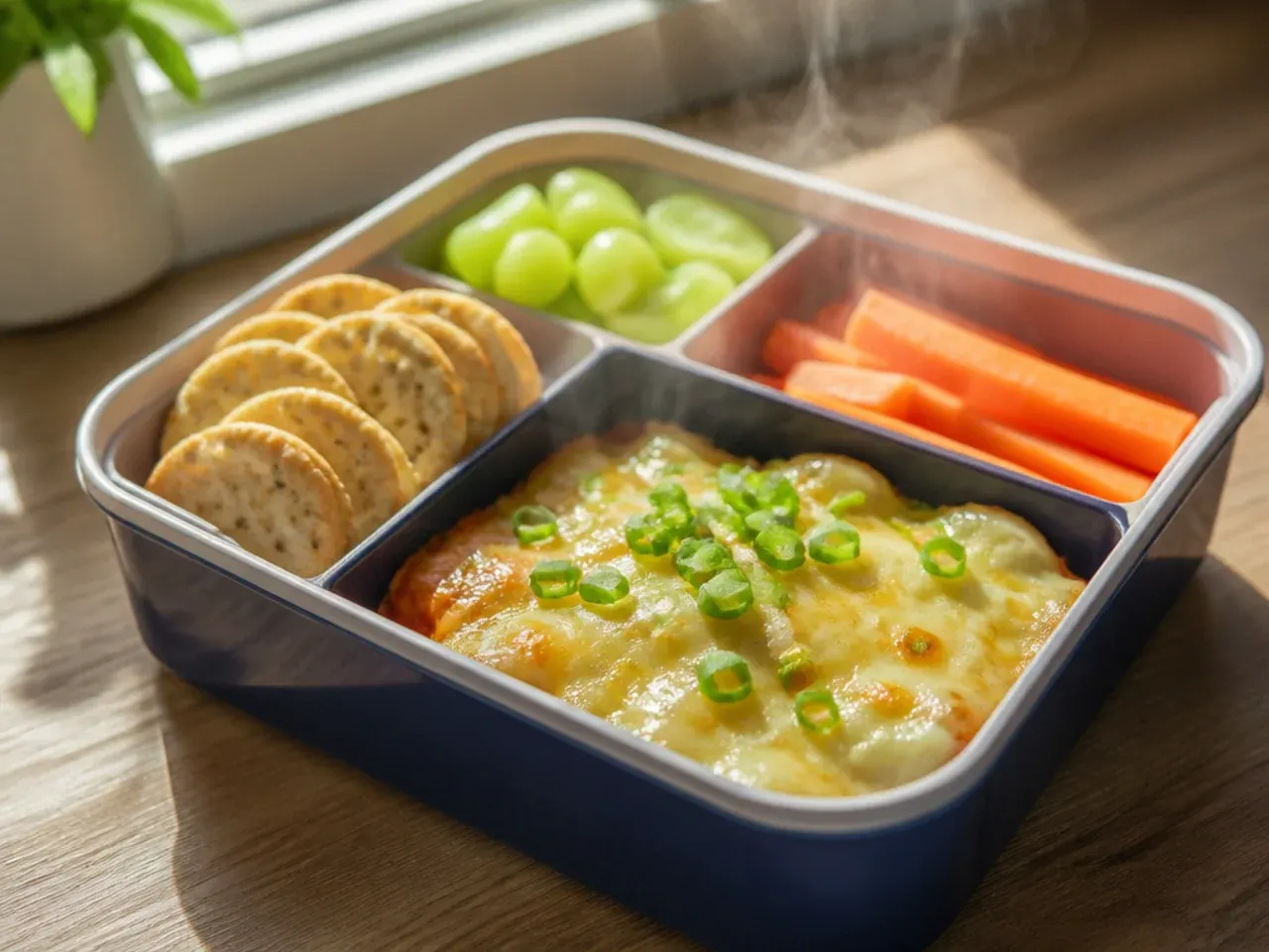 Simple cheese, cracker and grape snack box in a compartmented lunch container