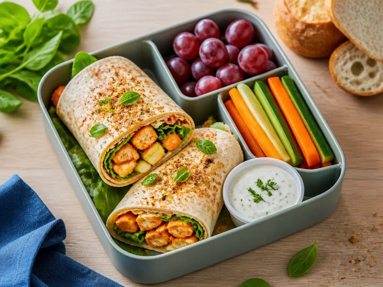 Buffalo chicken wrap ingredients packed separately with a small pot of ranch dressing