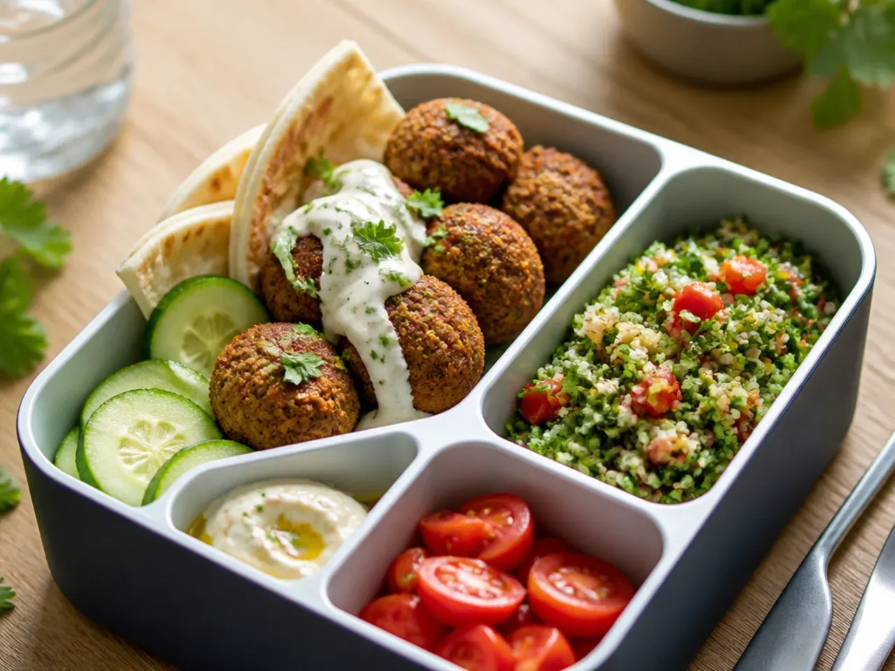 Falafel and tabbouleh lunch box with pitta triangles and hummus