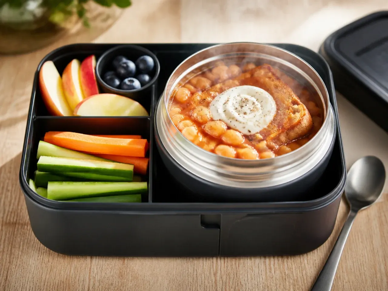 Baked beans in a thermos flask next to foil-wrapped buttered toast