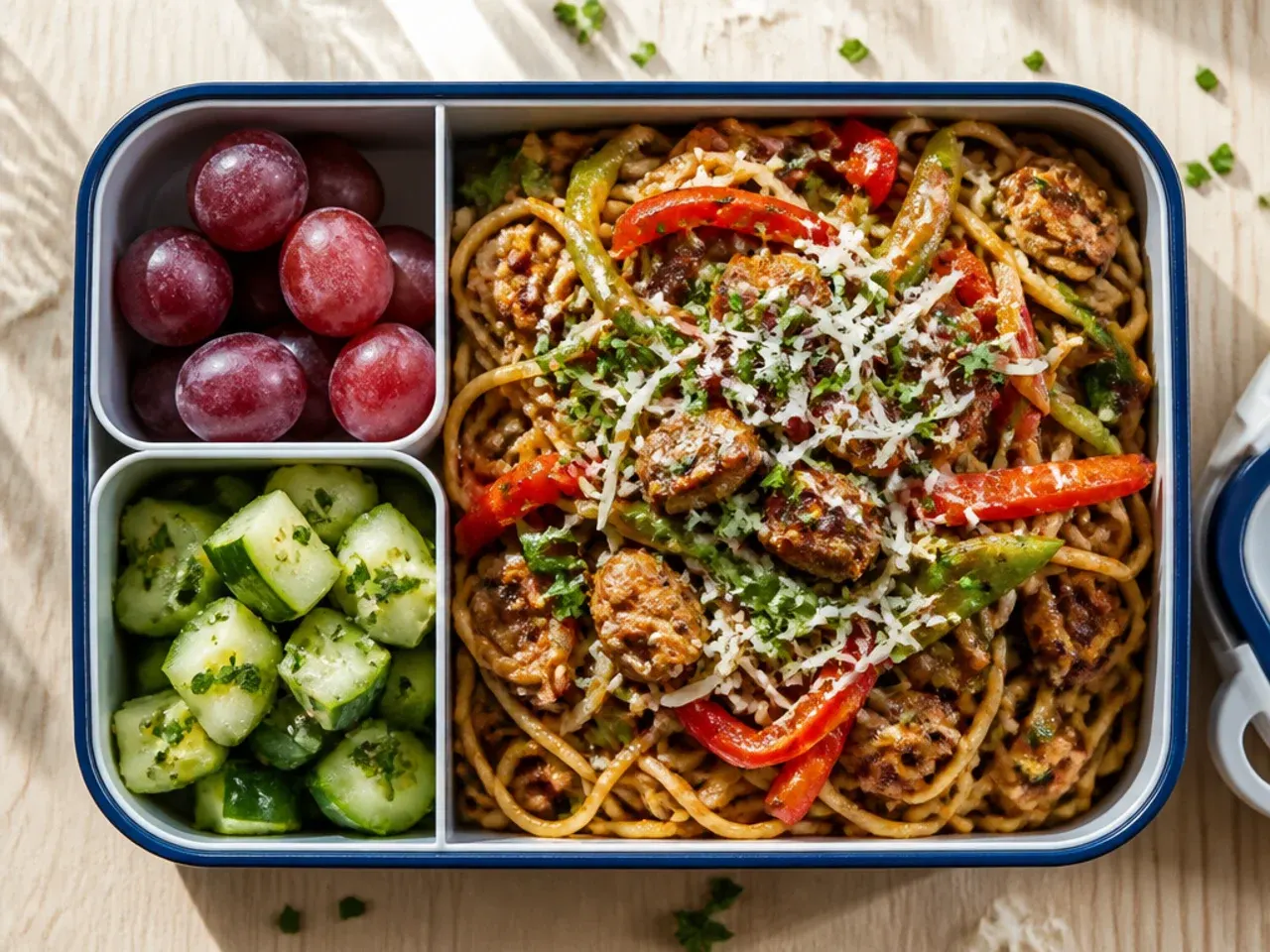 Leftover vegetable and egg stir-fry noodles packed in a thermos container