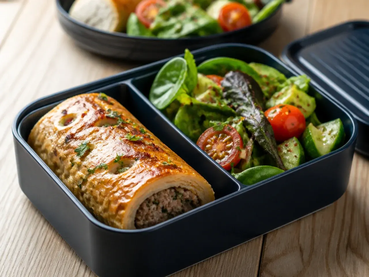 Golden baked sausage rolls next to a small cucumber and tomato side salad