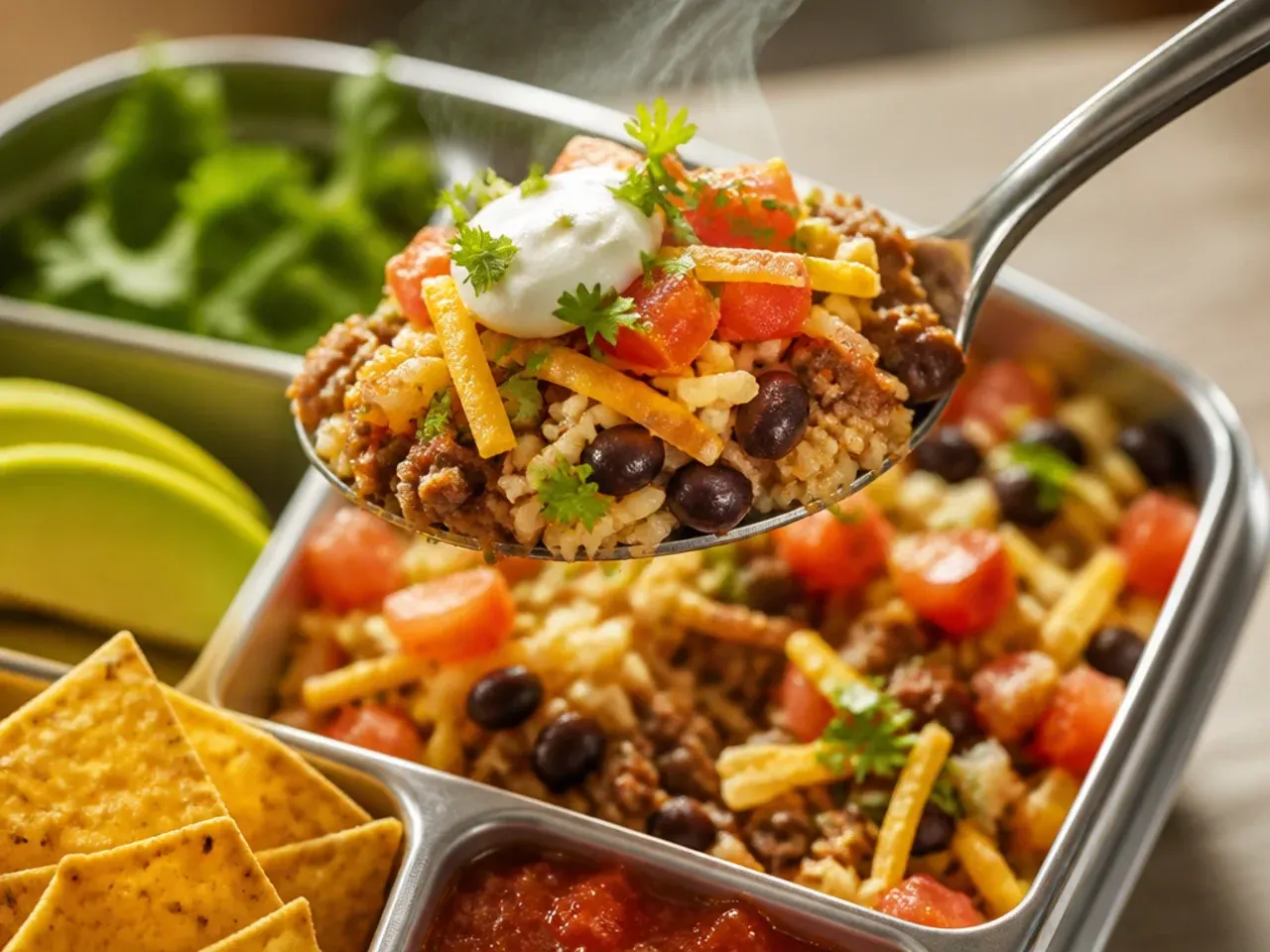 Loaded taco salad layered in a wide-mouth mason jar with crushed tortilla chips on top