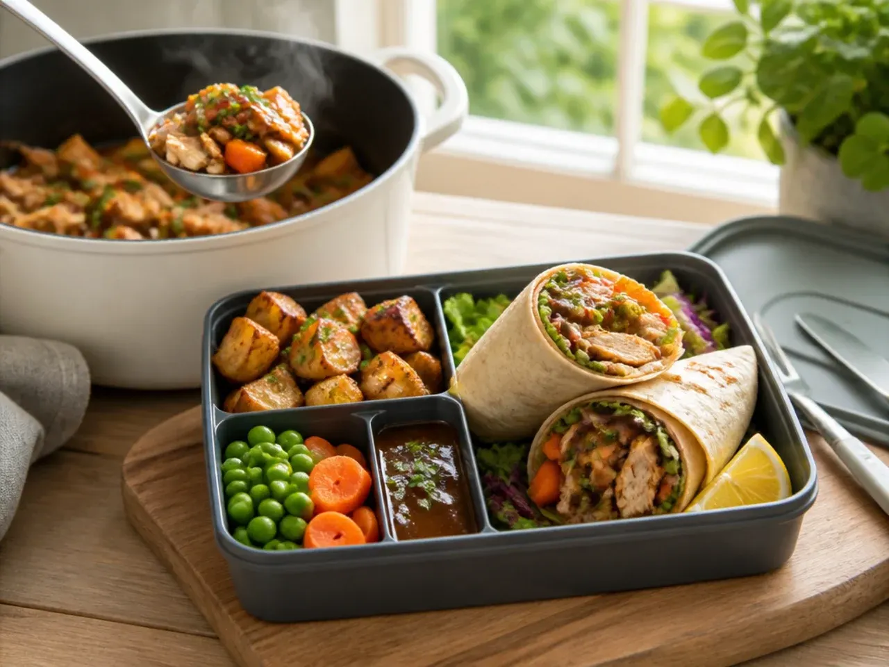 Sliced roast beef wrap with a small pot of gravy for dipping