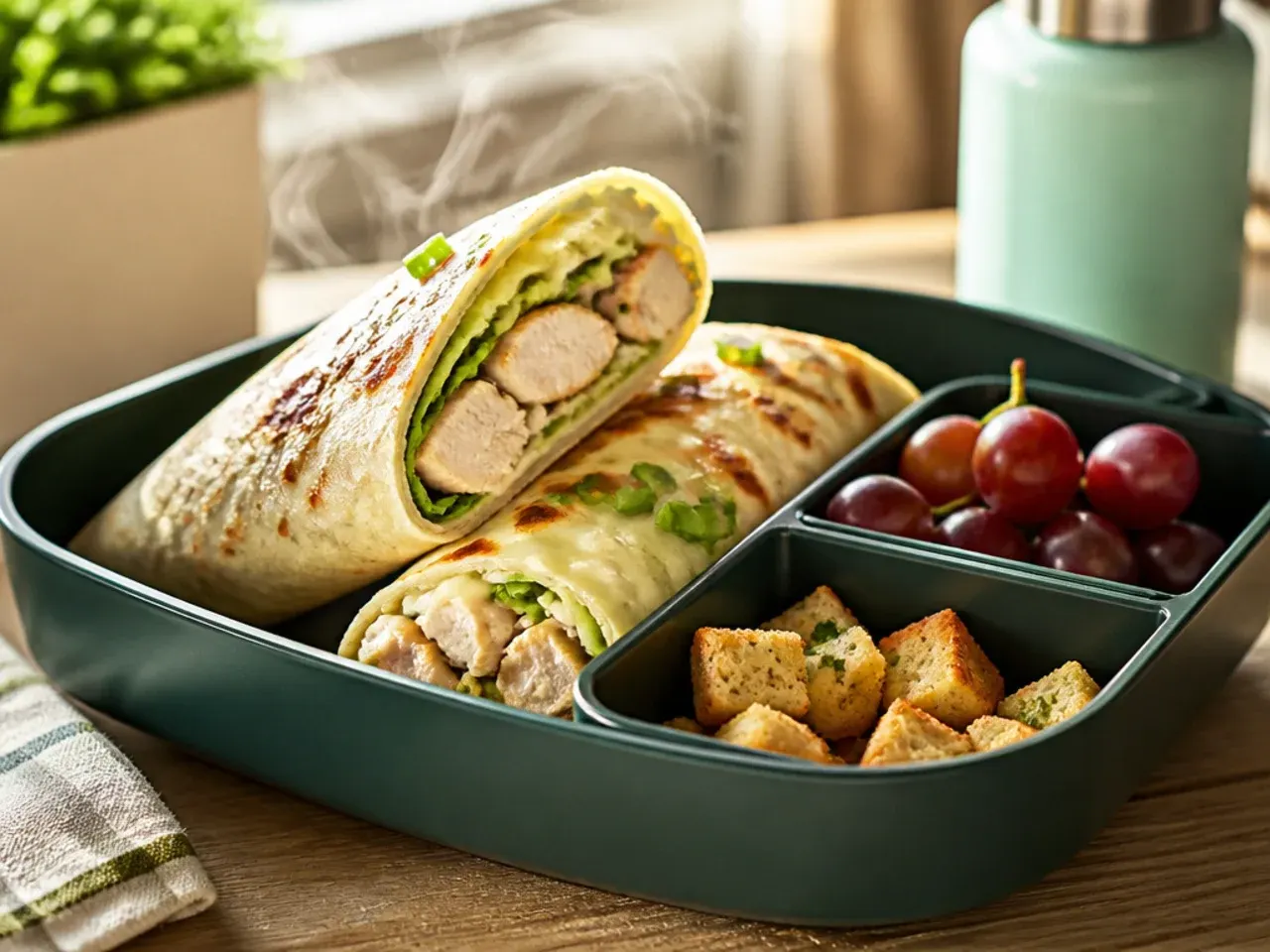 Chicken Caesar wrap sliced in half with croutons packed separately alongside