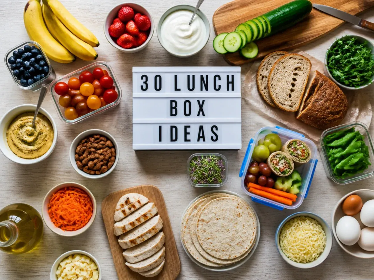 Small lidded sauce pots and a frozen water bottle laid out next to a packed lunch box