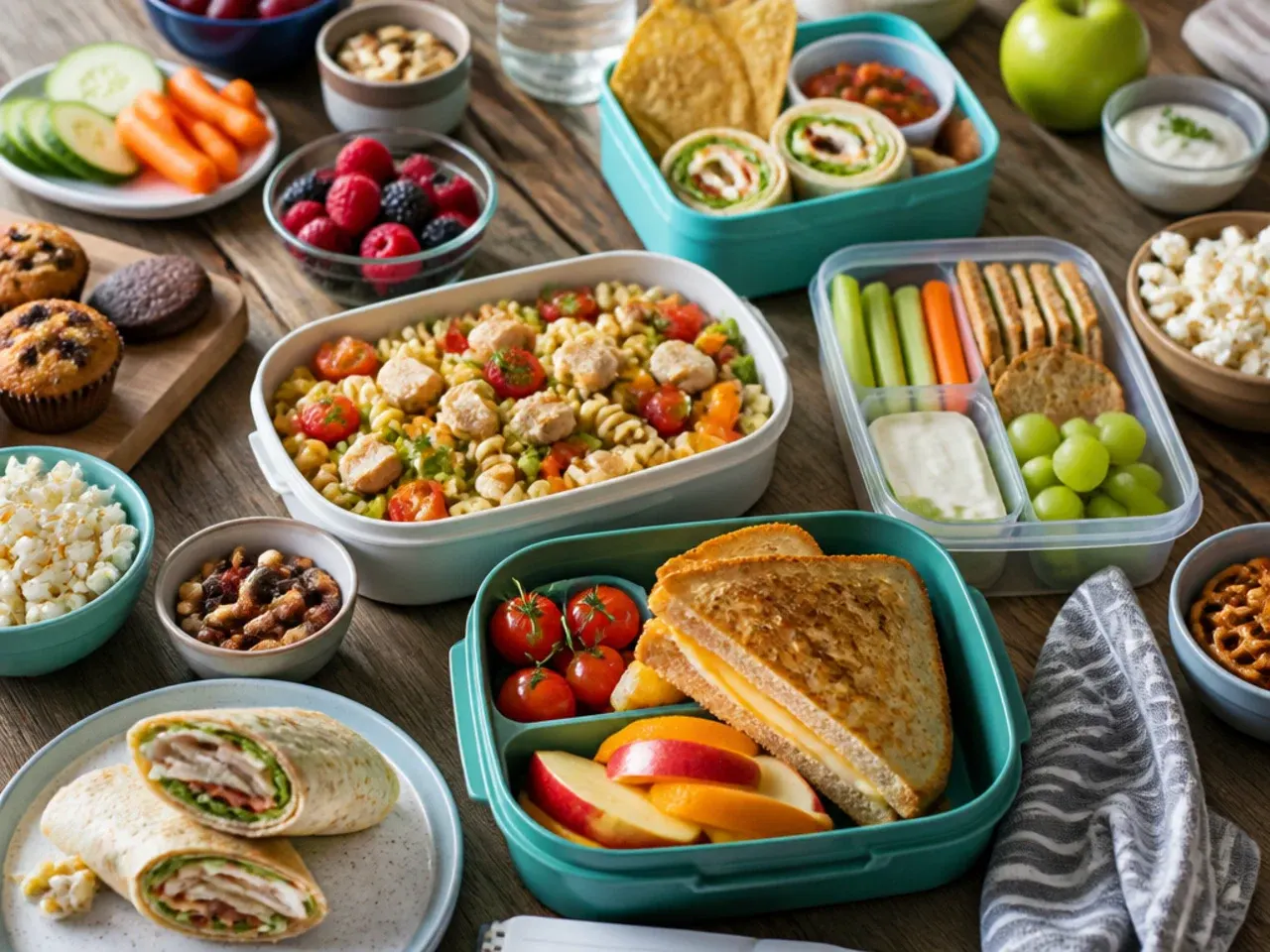 Packed lunch box with pasta salad, fruit, nuts and a yoghurt pot arranged together