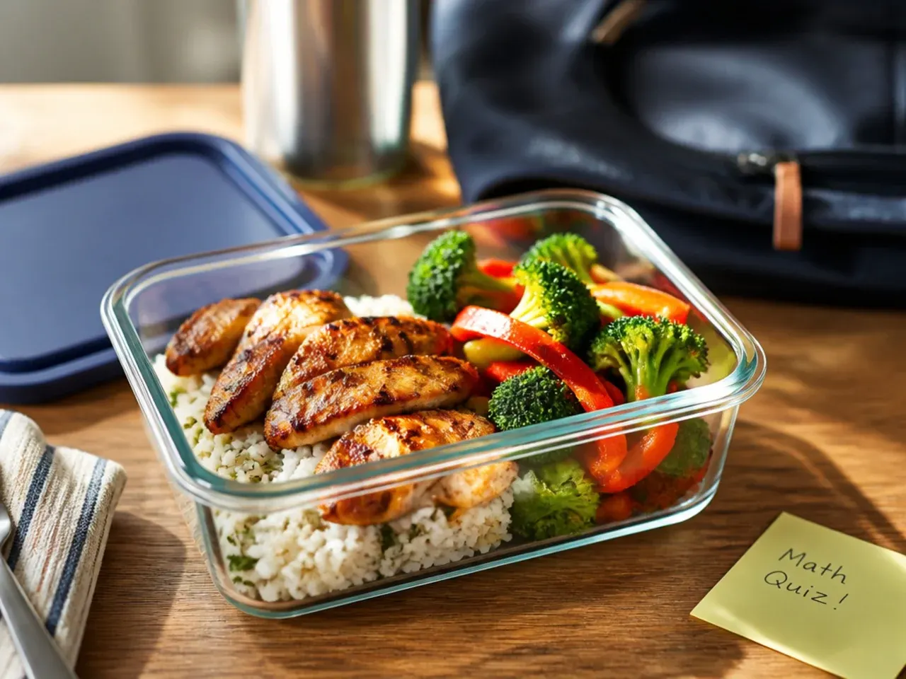 Row of labelled airtight lunch containers stacked in a fridge