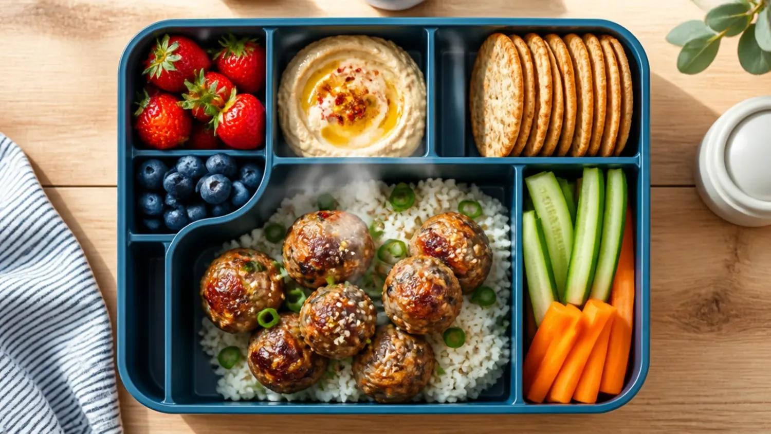 Overhead shot of a loaded pasta salad lunch box with ham, cheddar and fresh vegetables arranged in a bento container