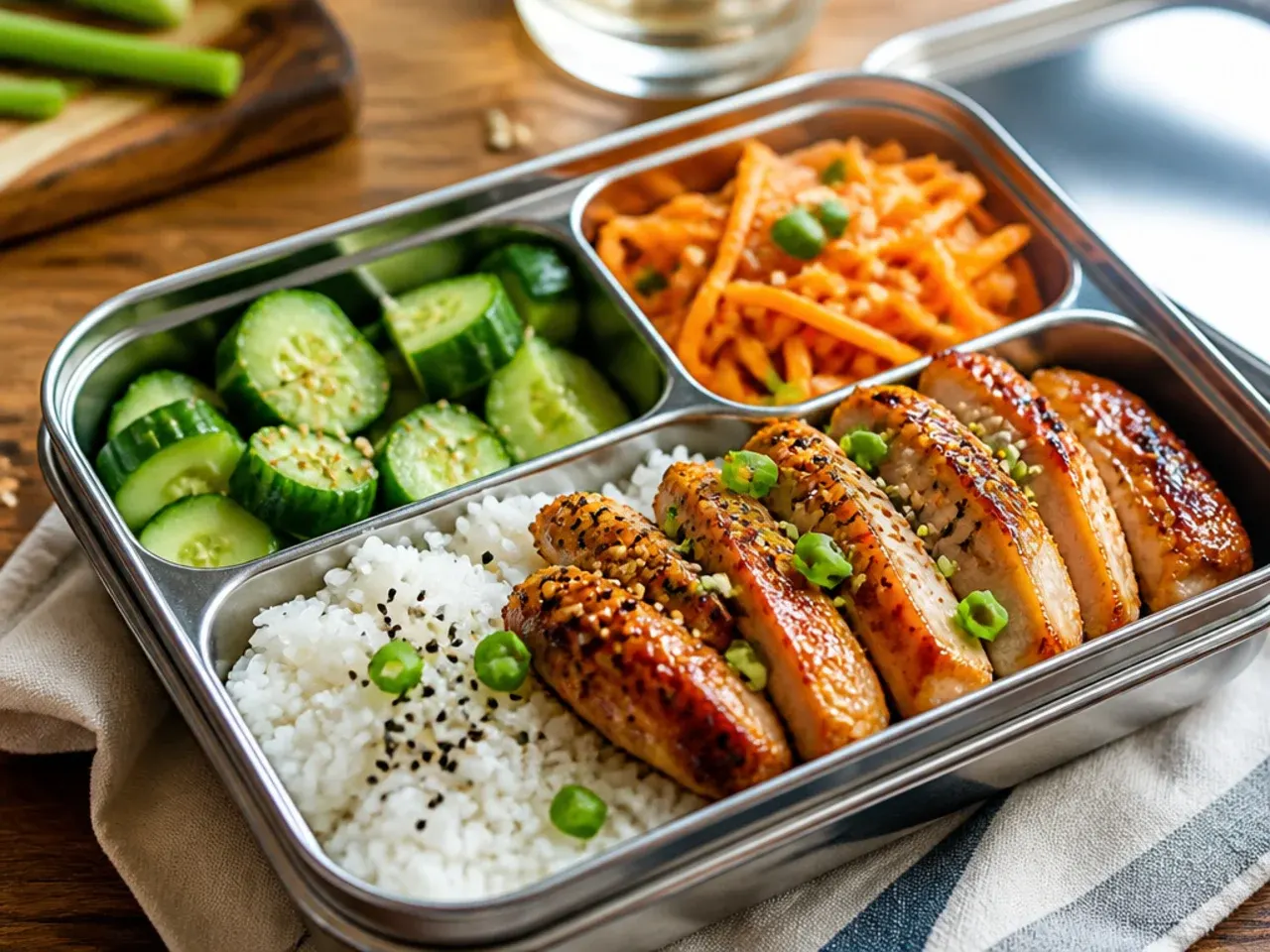 Colourful spread of packed lunch boxes with sandwiches, salads and fresh fruit on a kitchen counter
