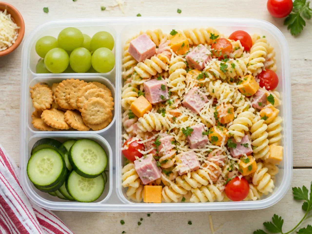 Close-up of ham and cheddar pasta salad in a lunch box container