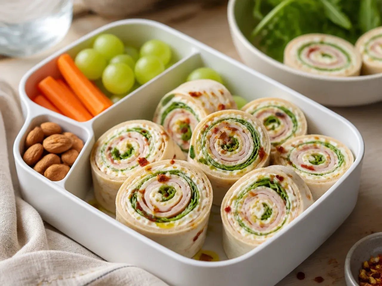 Turkey and cream cheese pinwheel slices arranged in a lunch box