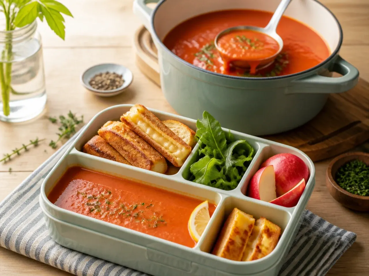 Insulated flask of tomato soup with grilled cheese dipping strips on the side