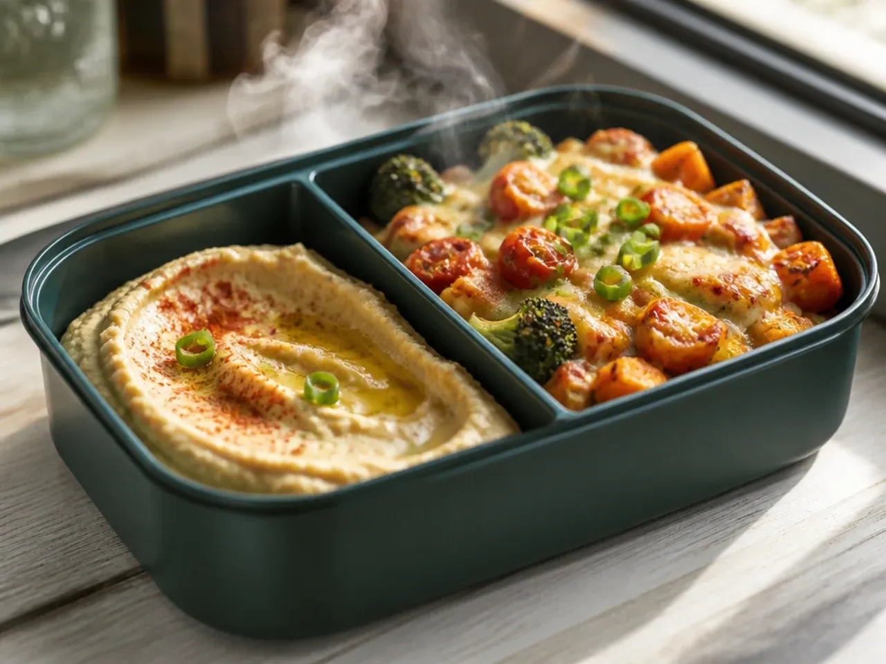 Bento box with creamy hummus, roasted sweet potato and raw vegetables for dipping