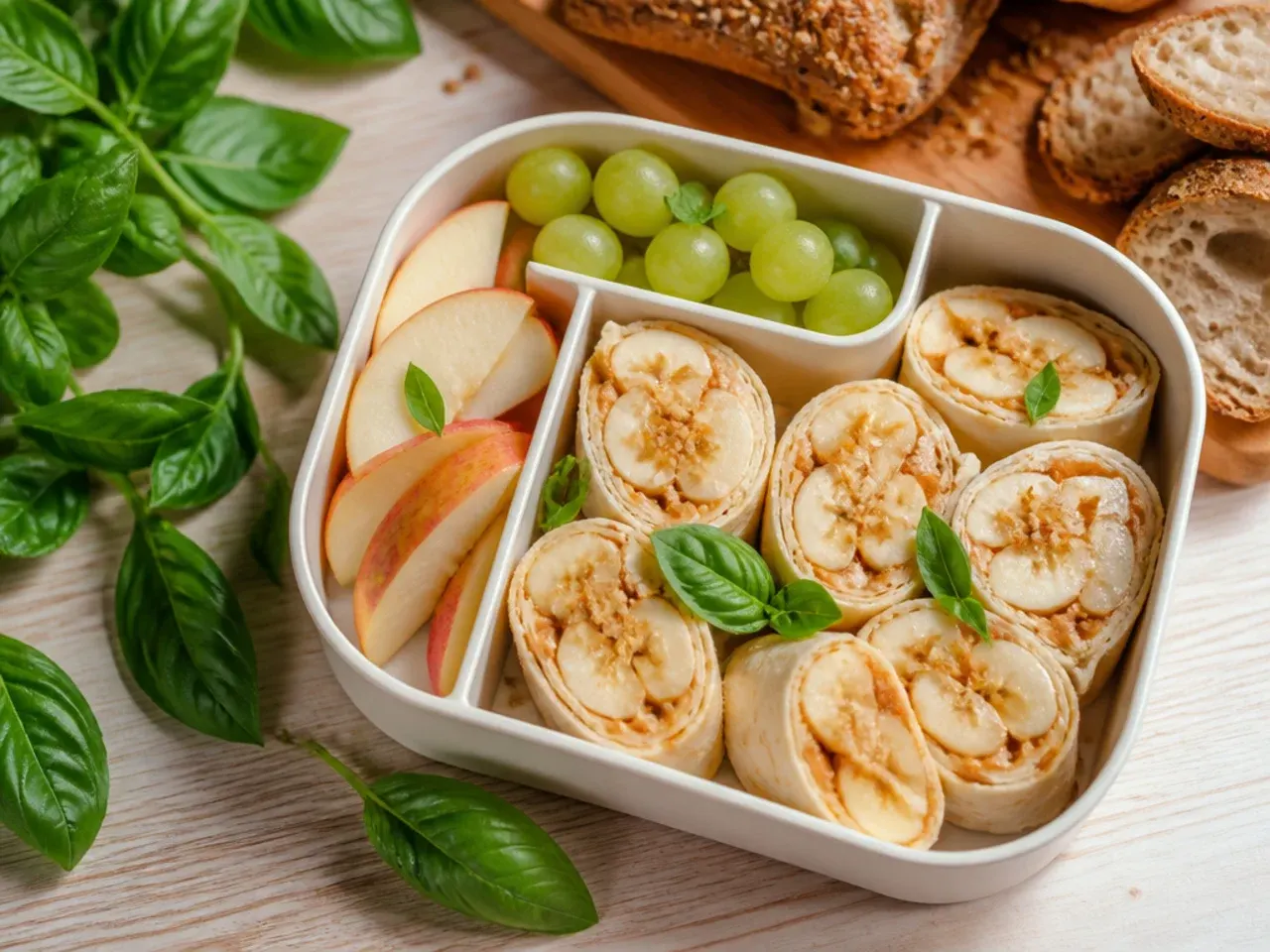 Peanut butter and banana wrap sliced in half in a lunch box