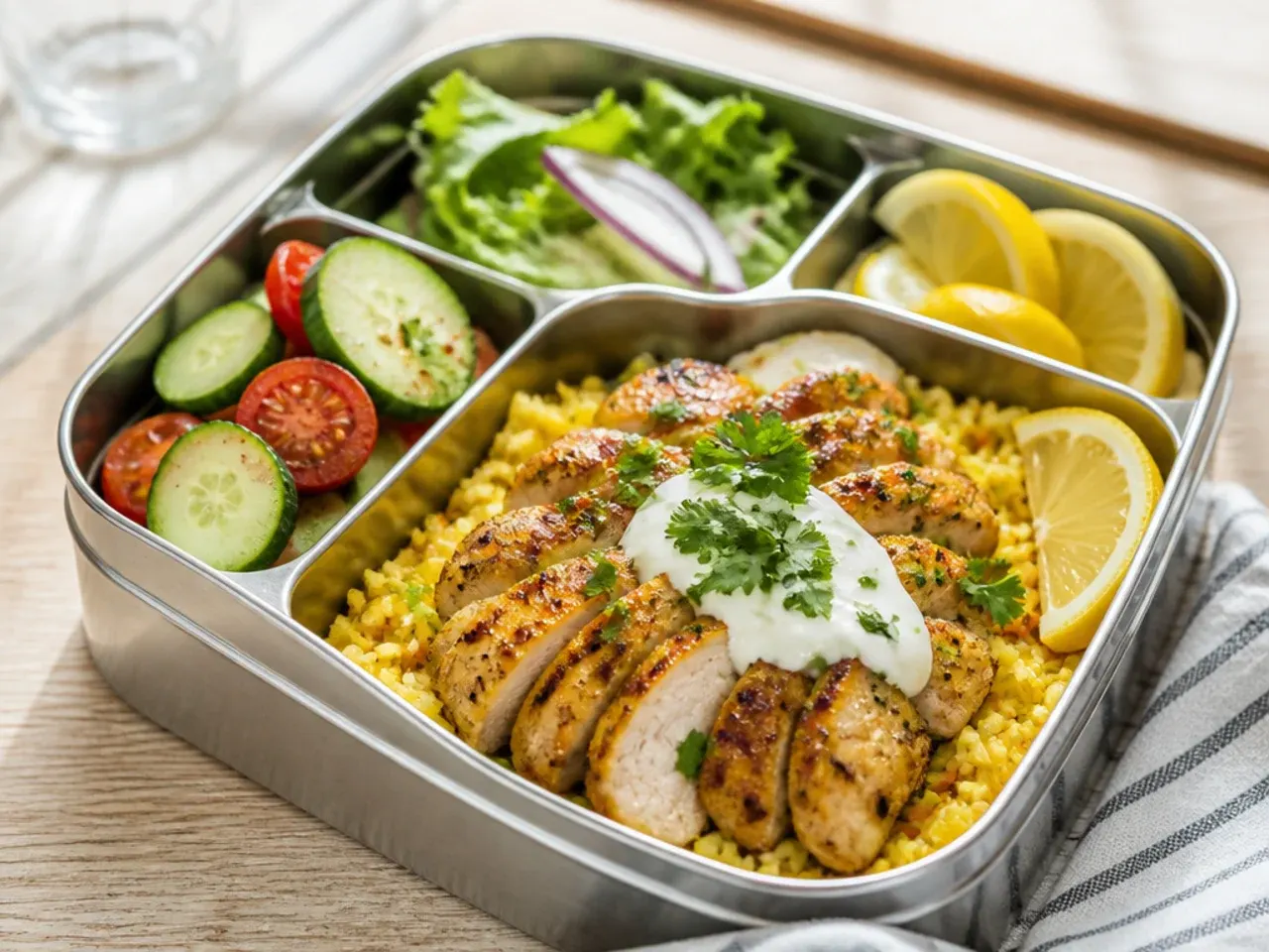 Zesty lemon chicken over rice with parsley and cucumber in a lunch box