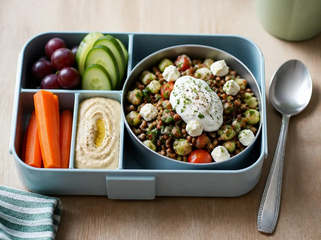 Wholesome lentil and feta salad with rocket in a lunch box container