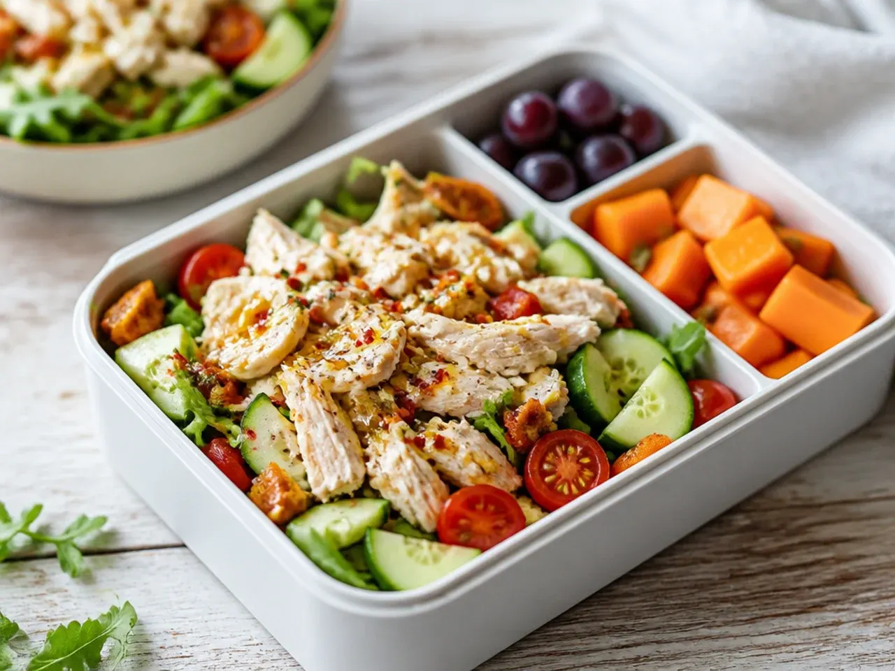 Shredded roast chicken salad with croutons in a weeknight lunch box