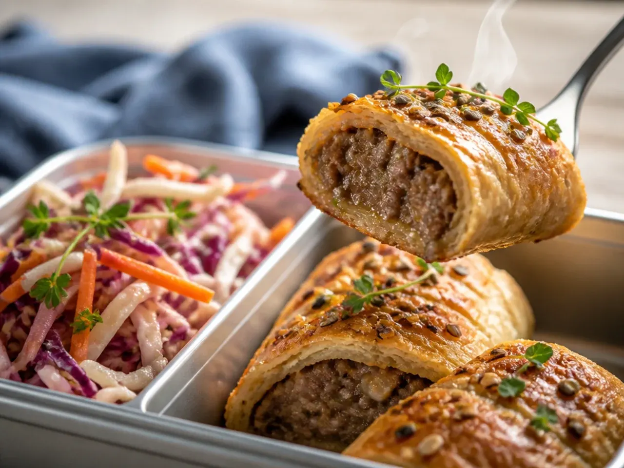 Golden baked sausage roll with a scoop of coleslaw in a lunch box