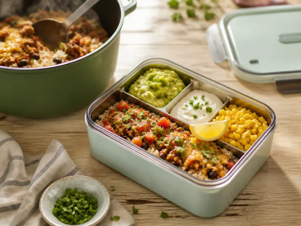 Loaded taco rice box with beans, avocado and soured cream in separate compartments