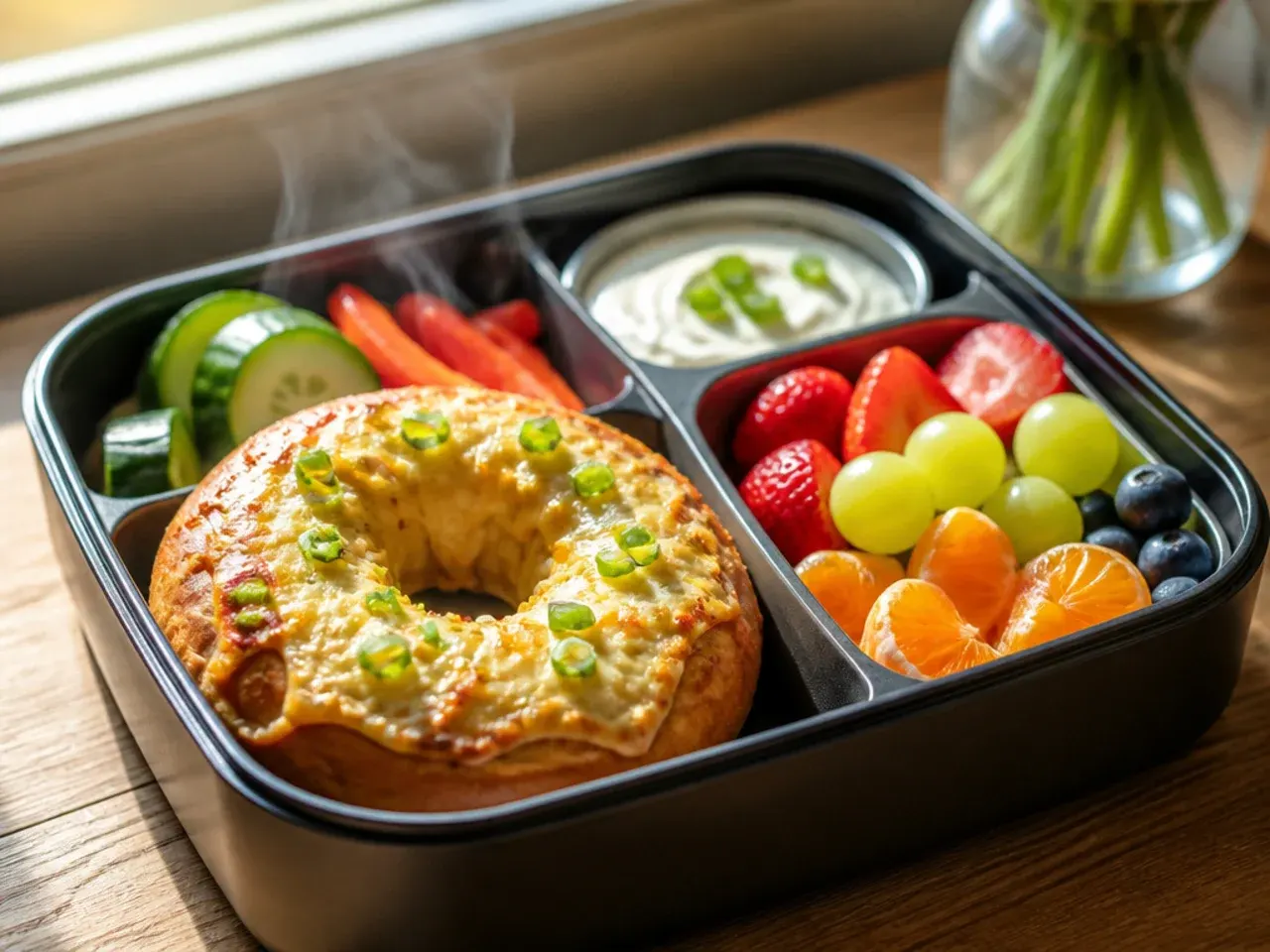Filled bagel with grapes, apple slices and yoghurt in a family lunch box