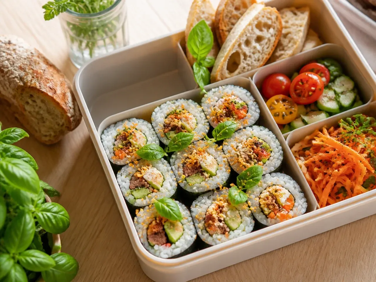 Sliced sushi rolls with soy sauce and pickled ginger in a bento box