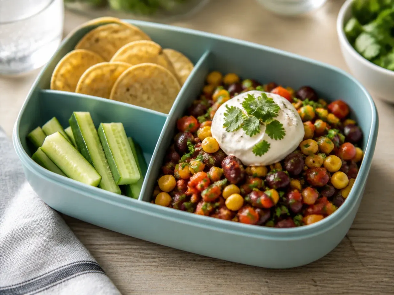 No-cook snack plate lunch box with cheese, crackers and fresh fruit