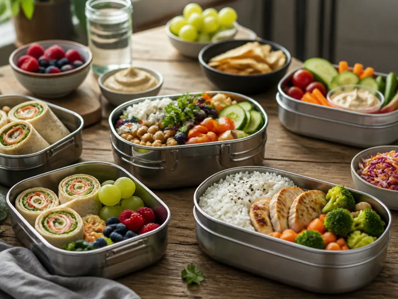 Lunch box with fruit, nuts and a yoghurt pot alongside an insulated flask