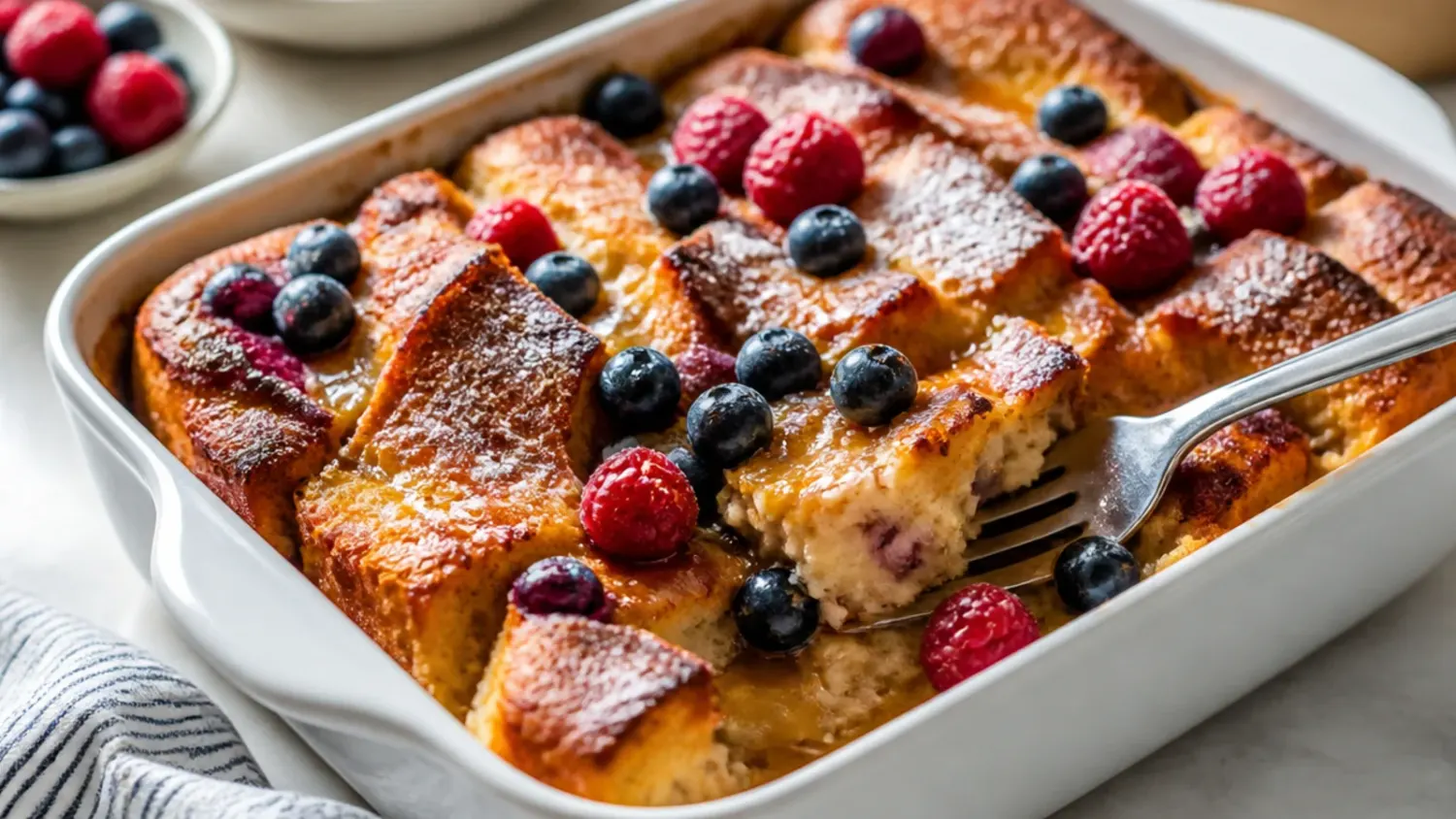 A golden baked make ahead French toast casserole in a white dish, topped with buttery cinnamon streusel and a light dusting of icing sugar