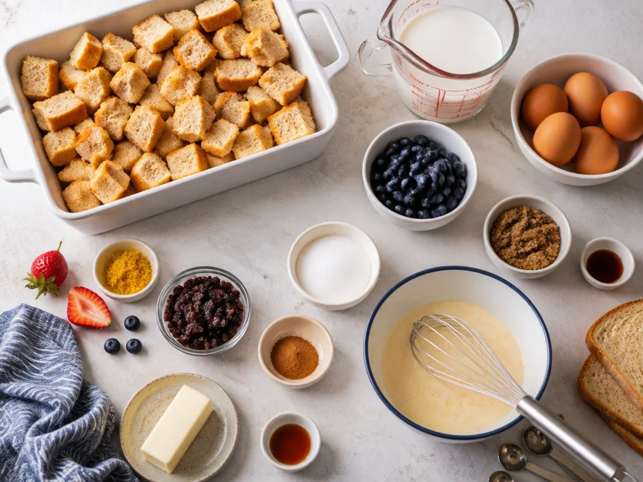 Close-up of cubed brioche bread soaking in cinnamon egg custard in a glass baking dish before an overnight rest