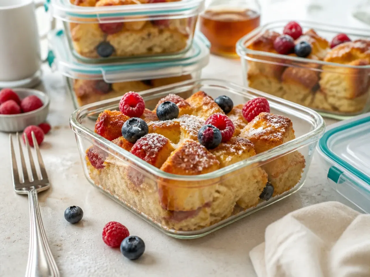 Sliced leftover French toast casserole squares being reheated on a baking tray in the oven