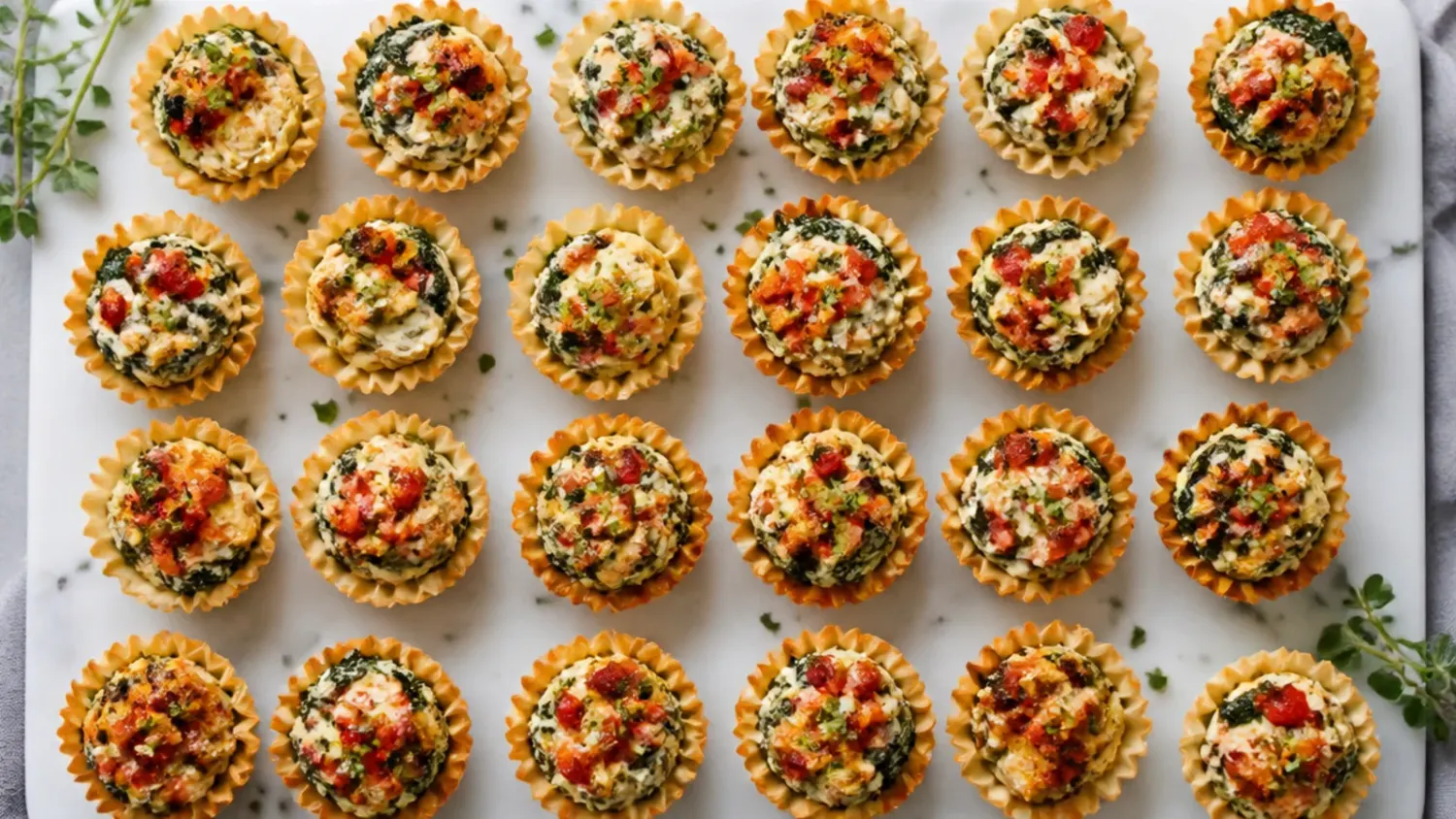Golden phyllo cups filled with creamy spinach and cheese arranged on a white platter for a party