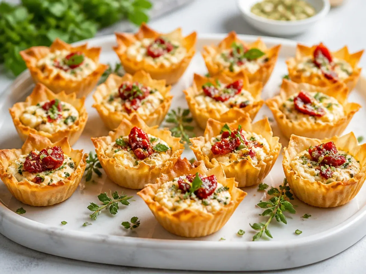 Airtight containers of cooked phyllo cup filling and unfilled shells ready to assemble