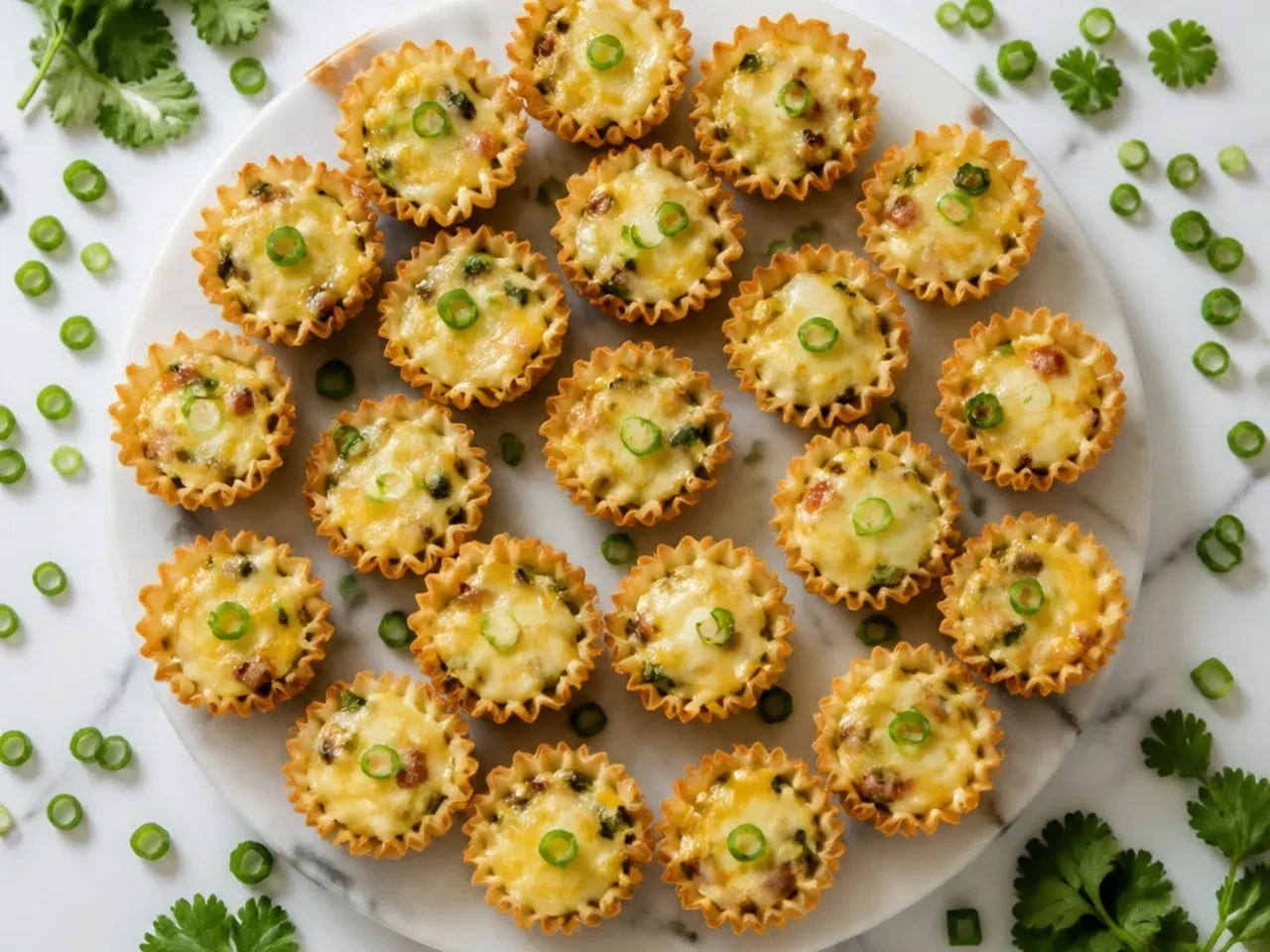 Freshly filled phyllo cups being assembled on a kitchen counter shortly before a party