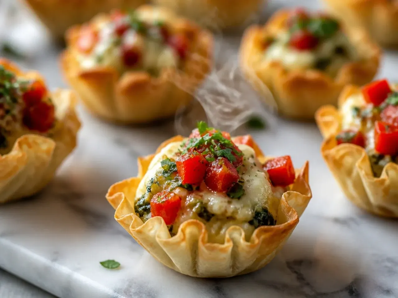 Close-up cross-section of a crispy golden phyllo cup showing flaky layers and creamy filling