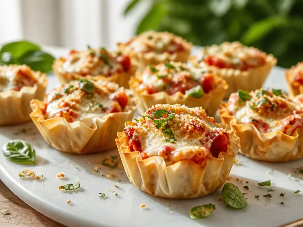 A finished platter of mixed phyllo cup appetizers ready to serve at a party