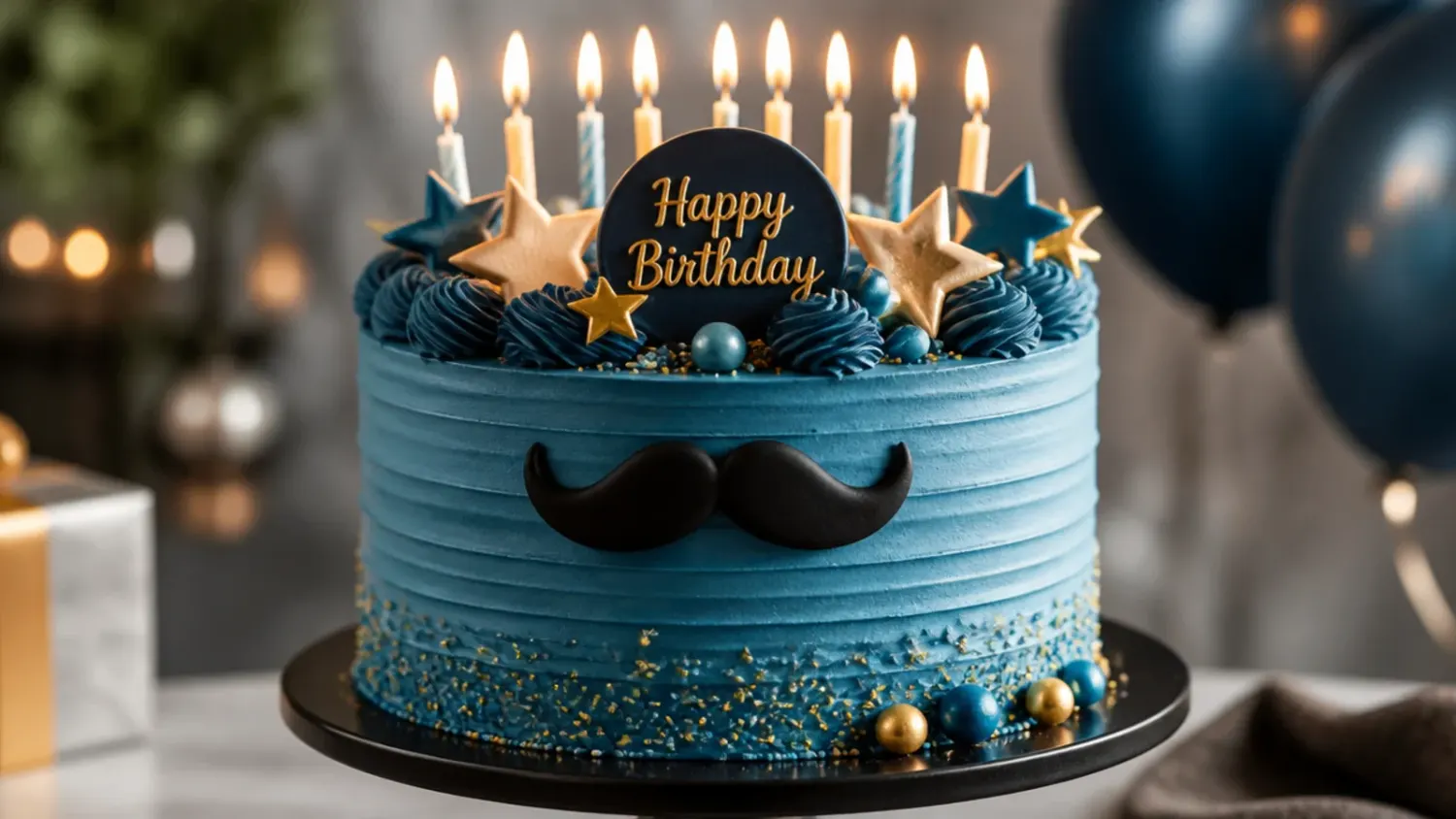 Rustic dark chocolate drip cake with a salted caramel pool, chocolate bark shards and toffee pieces, styled as a masculine birthday cake