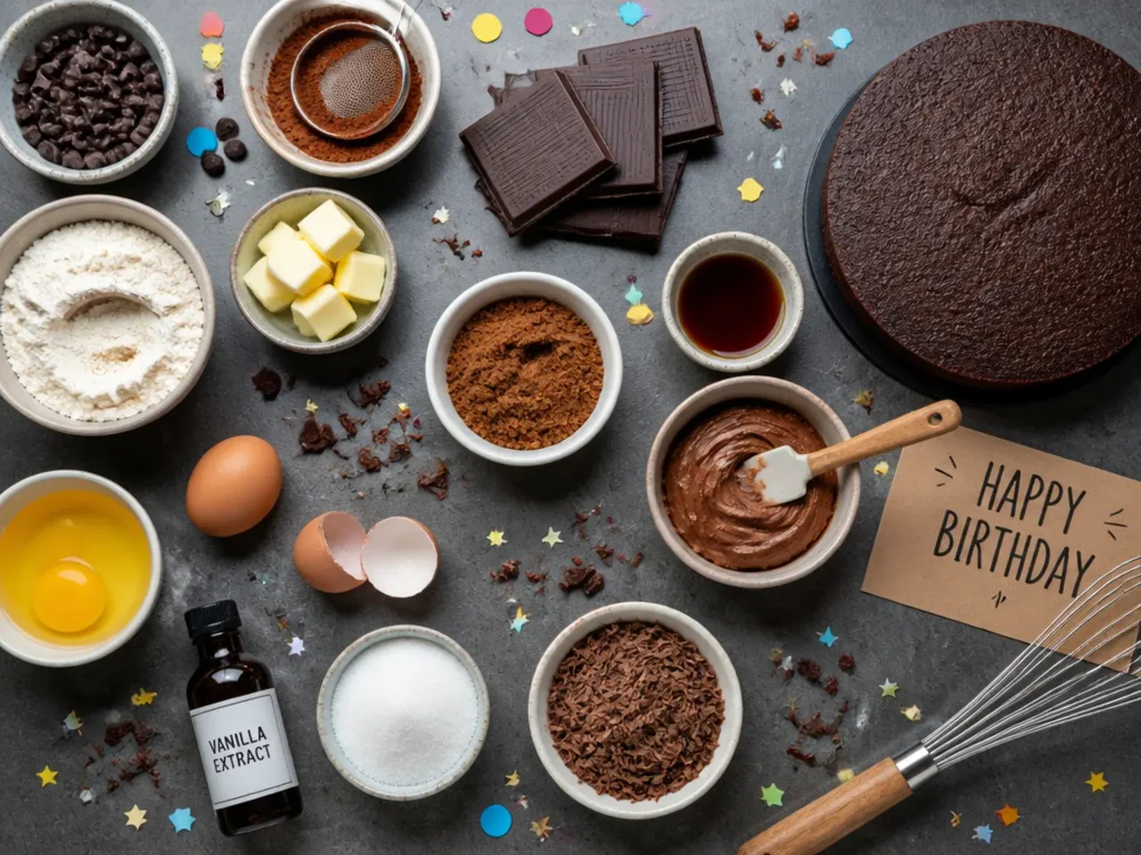 Baker's hands smoothing dark chocolate ganache onto a birthday cake with a metal bench scraper