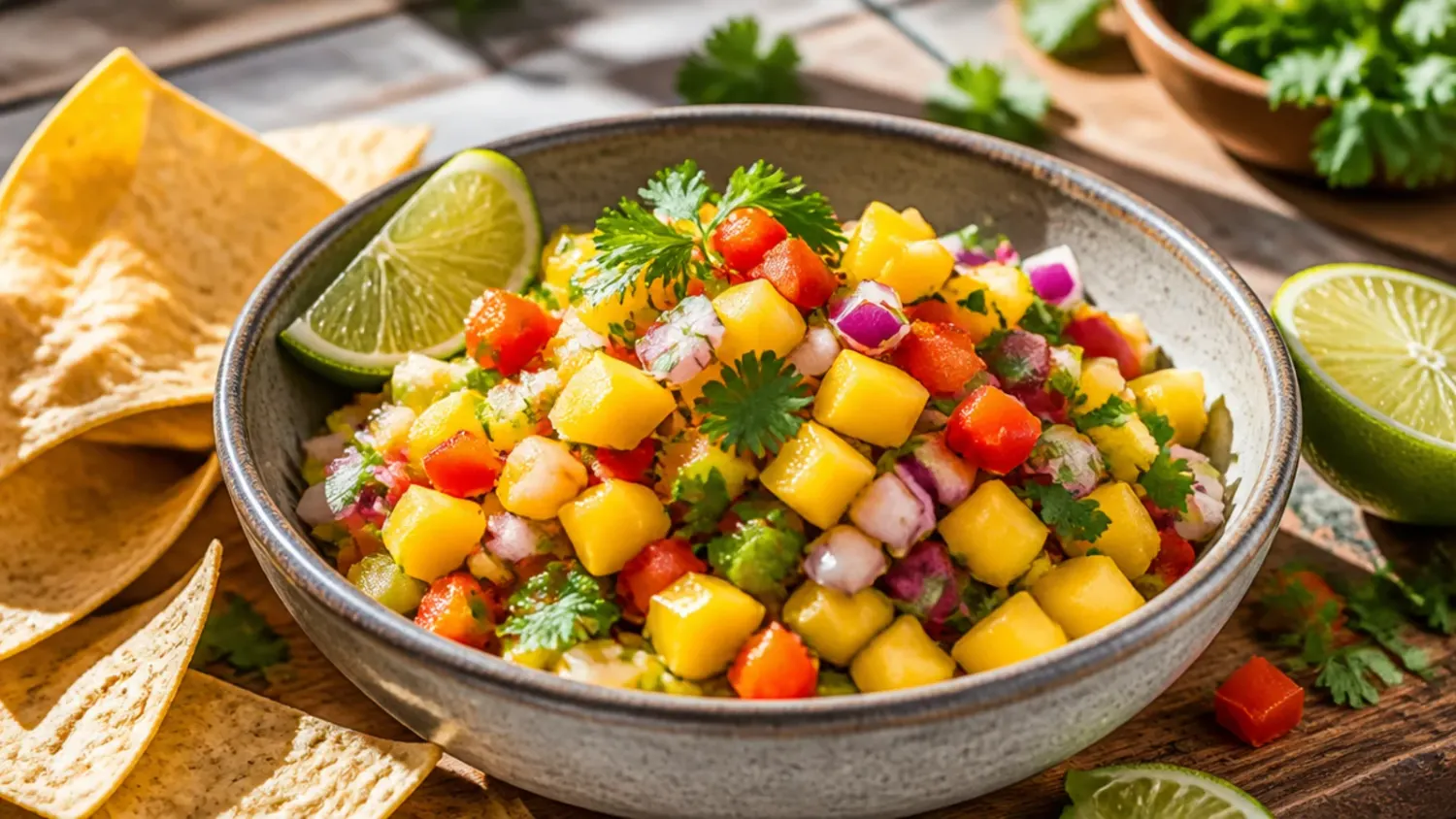Bowl of freshly made mango salsa with diced mango, red onion, jalapeno and coriander, served with tortilla chips