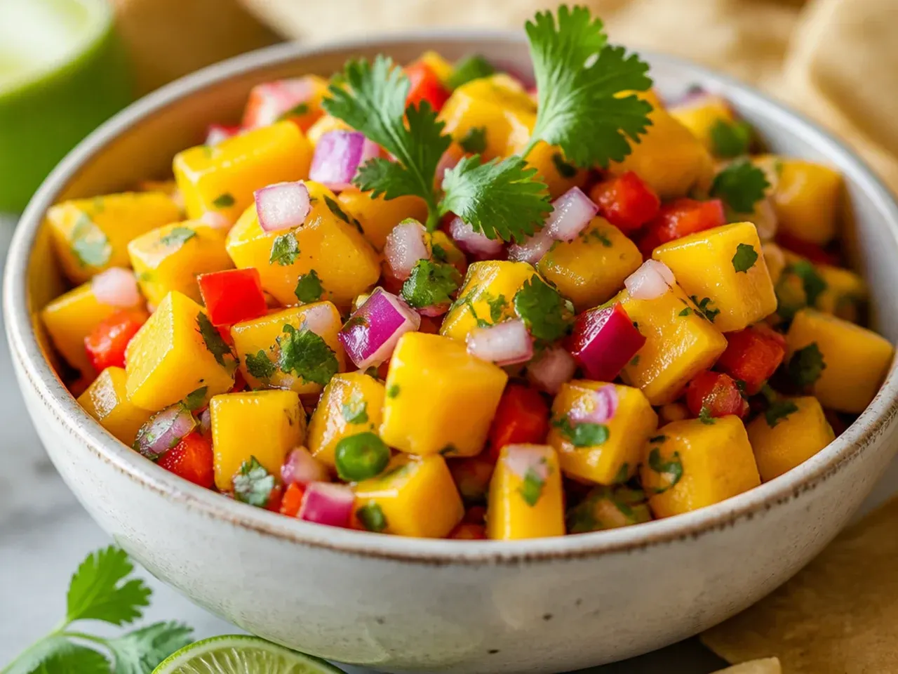 Overhead shot of fifteen small bowls of different mango salsa variations arranged on a table