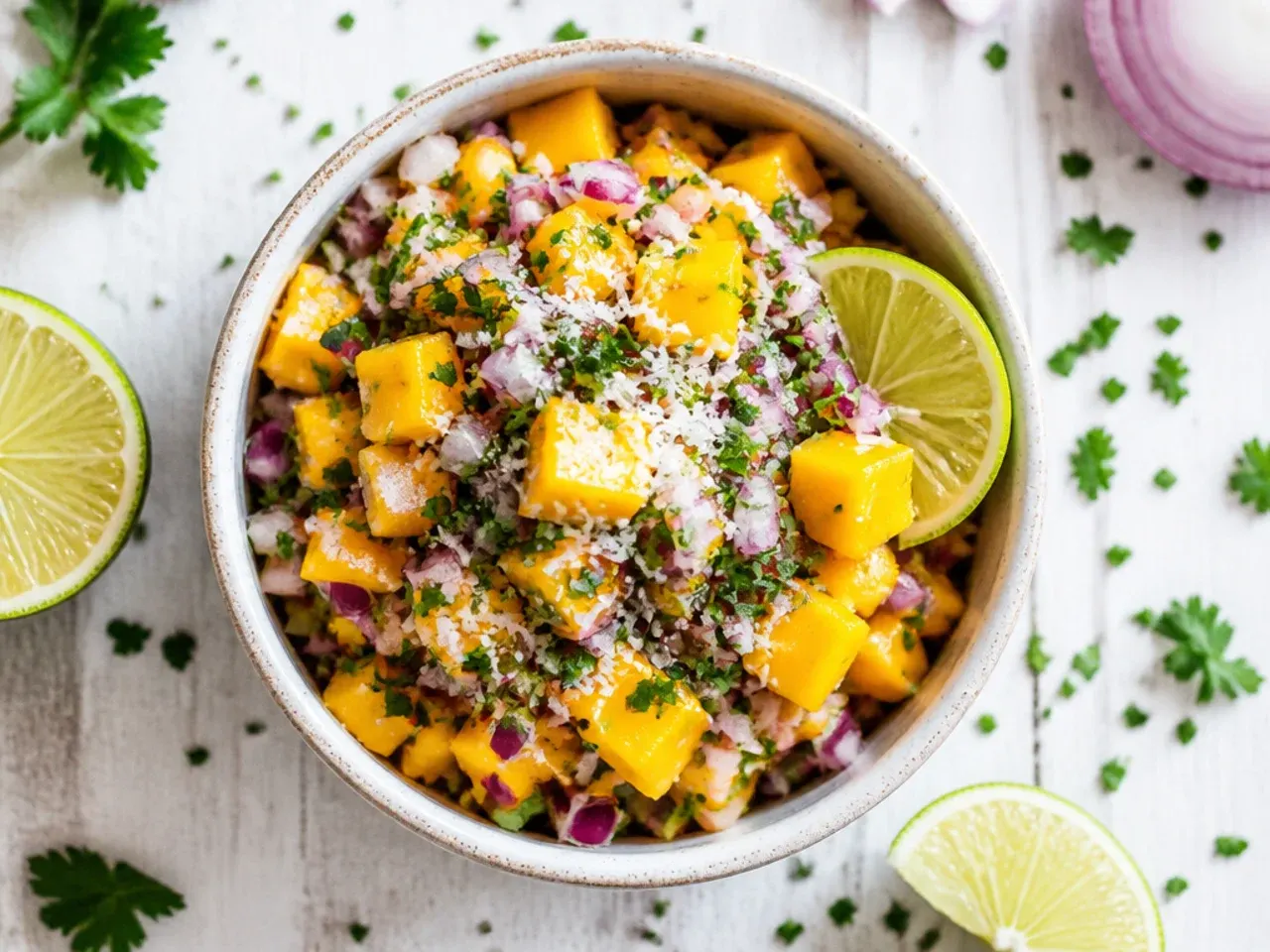 Close-up bowl of classic mango salsa with visible red onion and coriander flecks