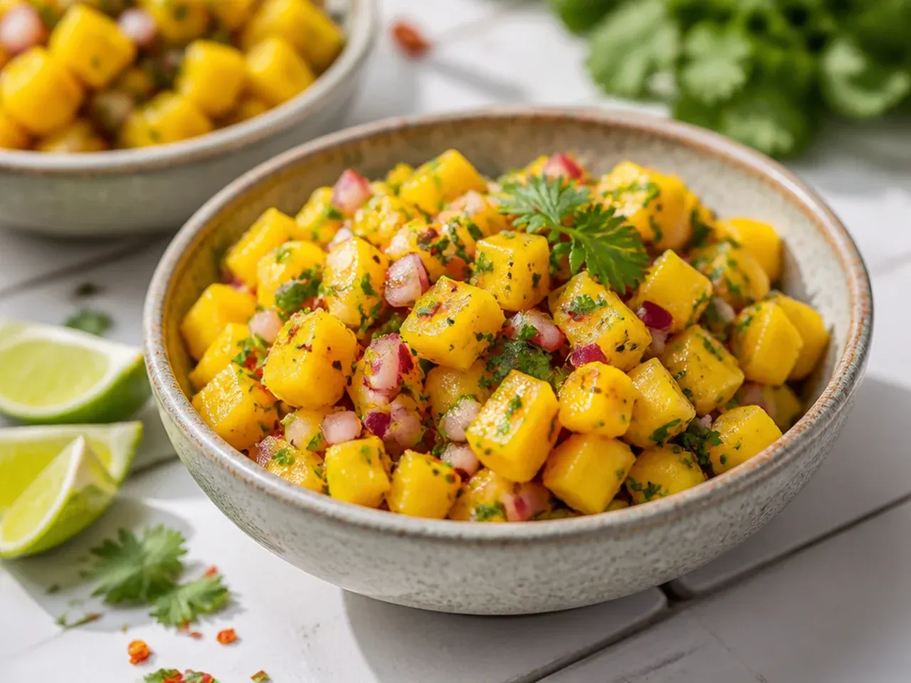Small bowl of simple five-ingredient mango salsa with a lime wedge on the side