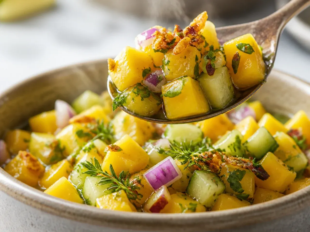 Fresh mango and cucumber salsa in a glass bowl with diced cucumber visible
