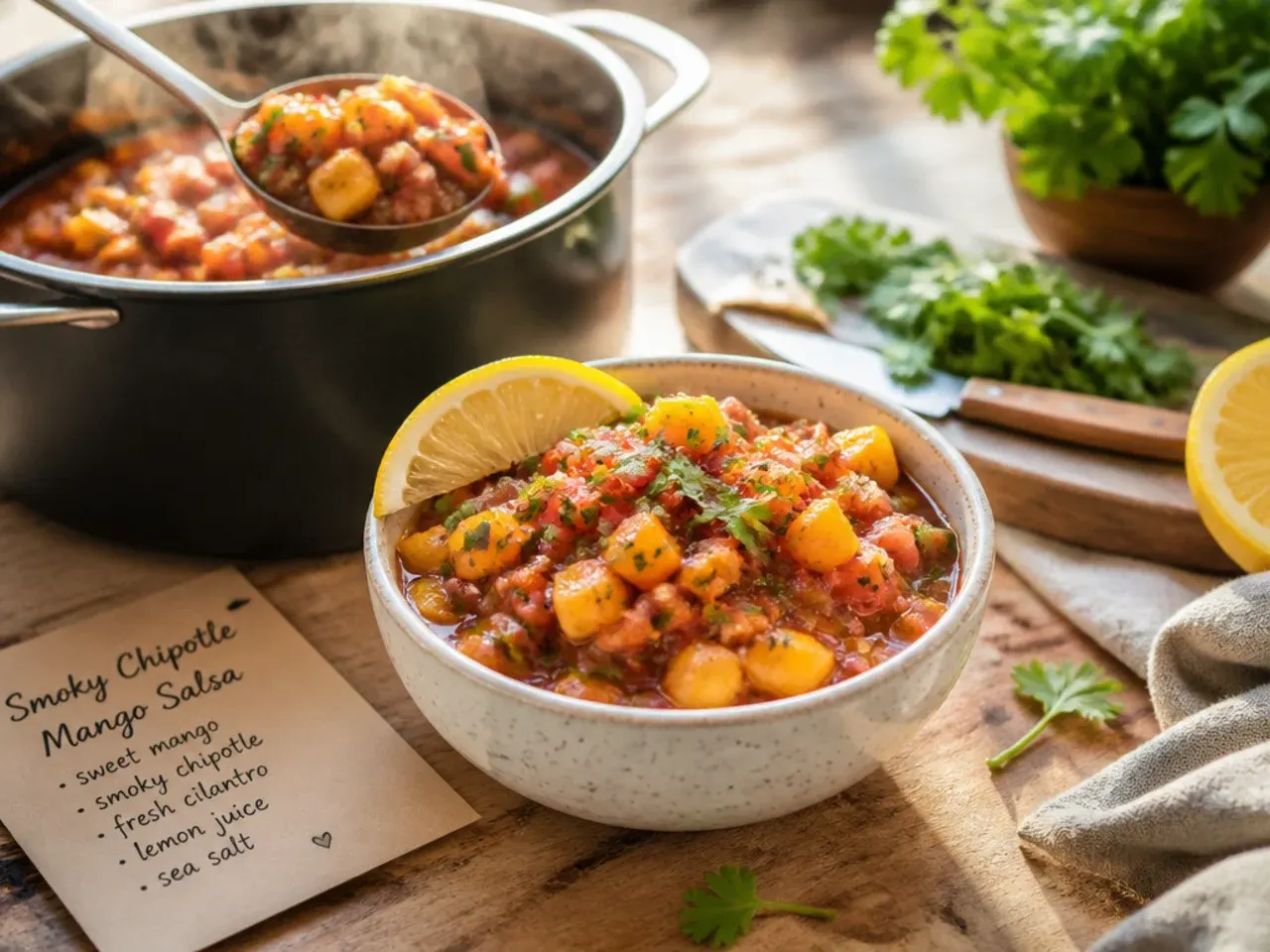 Smoky chipotle mango salsa in a dark bowl with visible red-brown pepper flecks