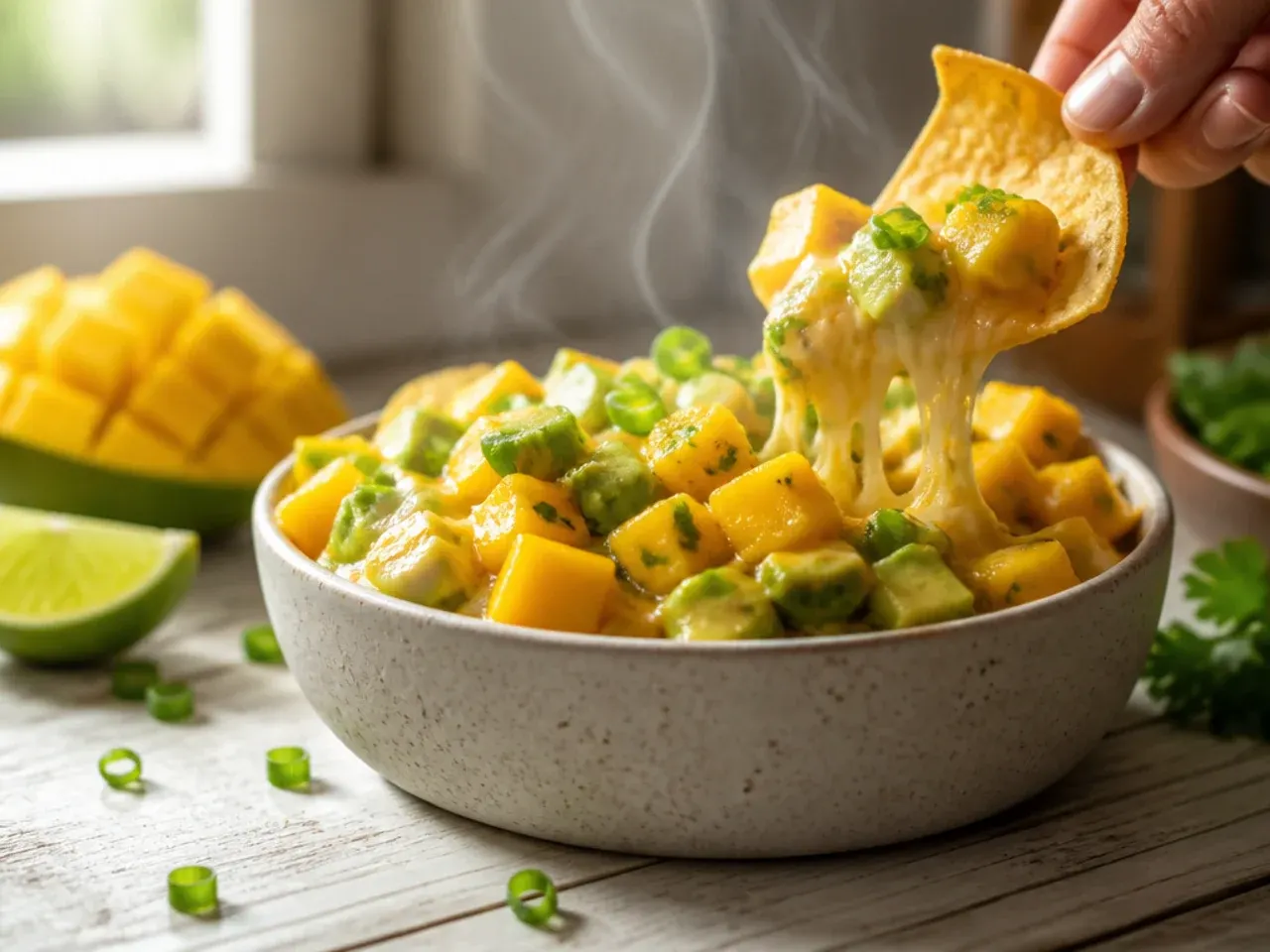 Creamy mango and avocado salsa with visible chunks of green avocado